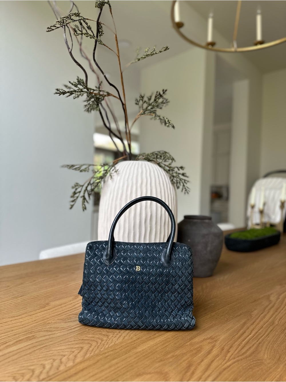 Black Woven Leather Tote Bag - B Accent